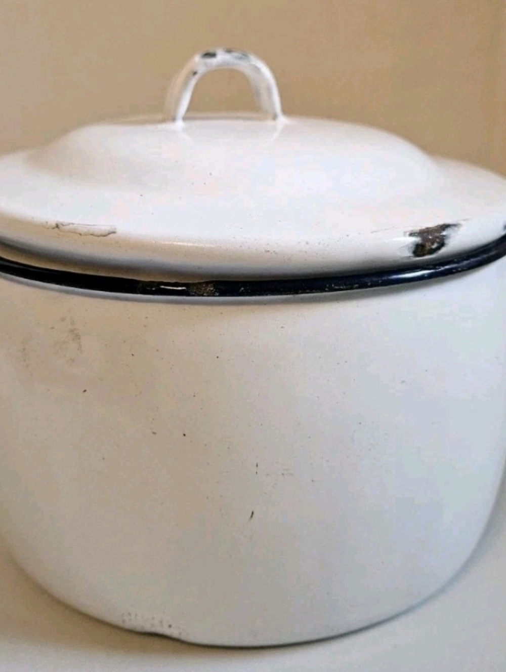Vintage White & Black Enamel Stock Pot 4" Tall, 6" Round